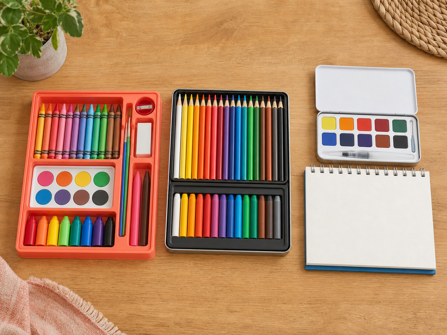 Three groups of art supplies for comparing a starter kit