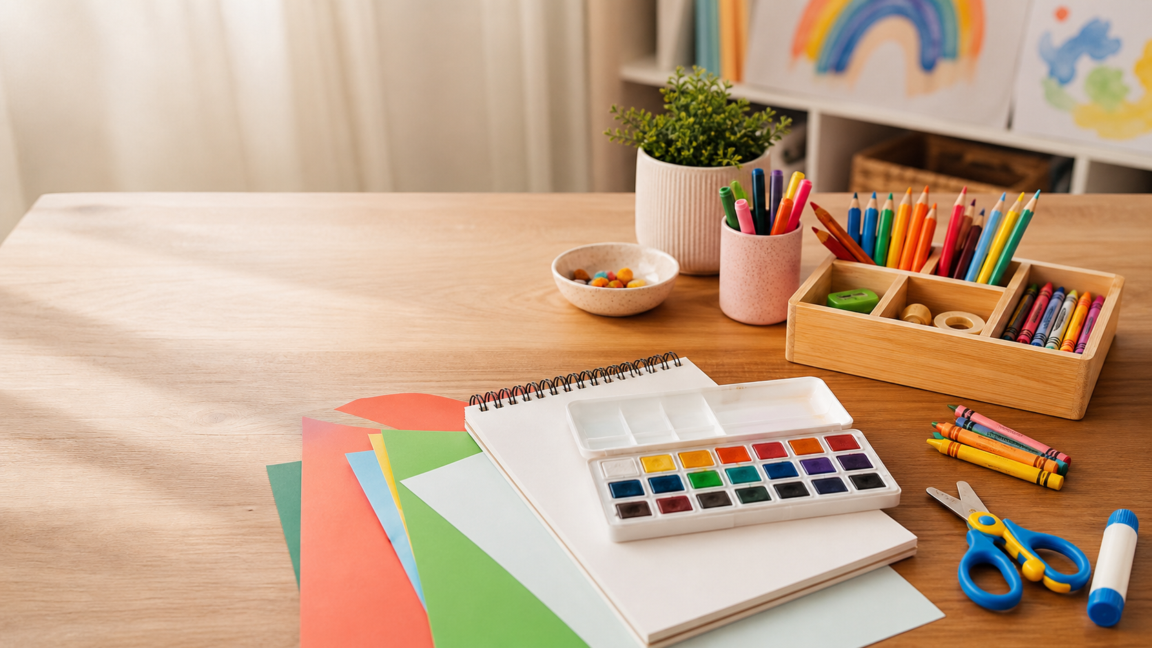 Colorful creative supplies arranged on a warm family craft table